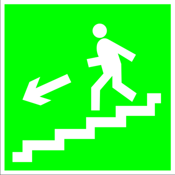 E14 направление к эвакуационному выходу по лестнице вниз (левосторонний) (пластик, 200х200 мм) - Знаки безопасности - Эвакуационные знаки - Магазин охраны труда и техники безопасности stroiplakat.ru